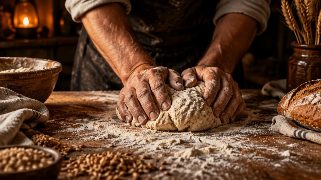 Mains pétrissant une pâte à pain sur une table en bois farinée
