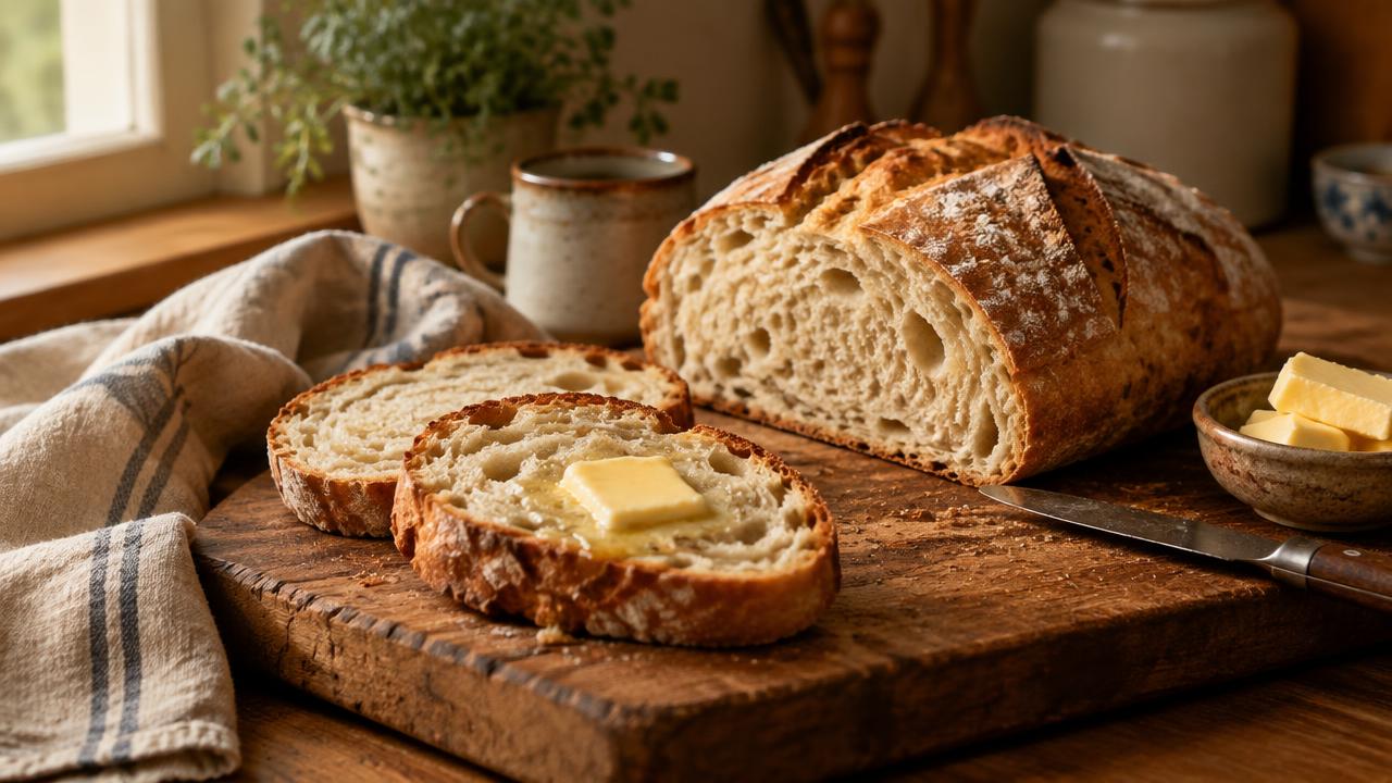 Pain maison tranché sur une planche de bois avec du beurre